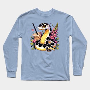 Cute Chibi Coffee Snake with Flowers Long Sleeve T-Shirt